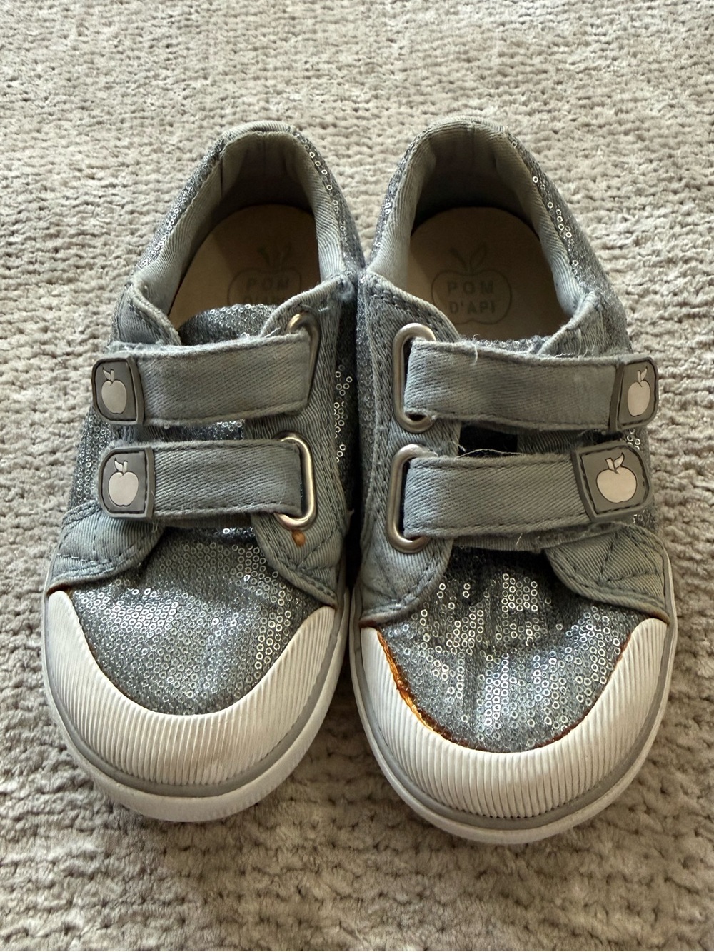 Pom D’Api Silver Sequin Sneakers Toddler Size 26 Double Strap Shoes
